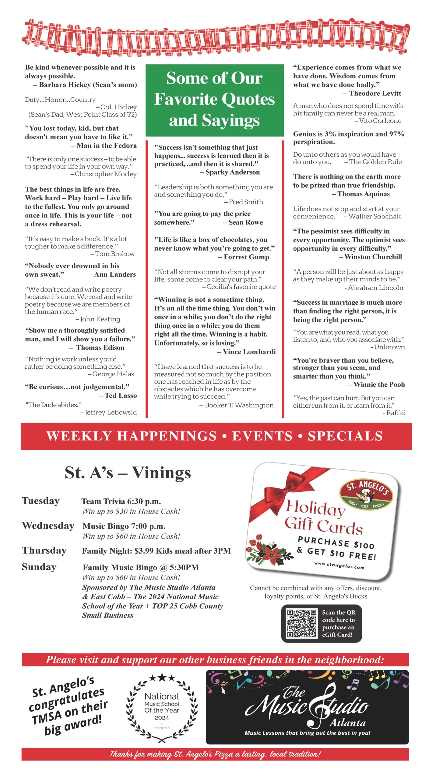 Page 4 of St. Angelo's Pizza menu for Fall/Winter 2024 featuring a collection of inspirational quotes and sayings from various figures, emphasizing positivity, wisdom, and perseverance. Includes a section for weekly happenings and events at the Vinings location, such as Team Trivia, Music Bingo, Family Night, and Family Music Bingo, with details on prizes and promotions. Highlights holiday gift card promotions with a QR code for purchasing eGift cards. Congratulates The Music Studio Atlanta on their award as National Music School of the Year 2024 and encourages support for local businesses. Ends with the tagline, 'Thanks for making St. Angelo’s Pizza a lasting, local tradition!'