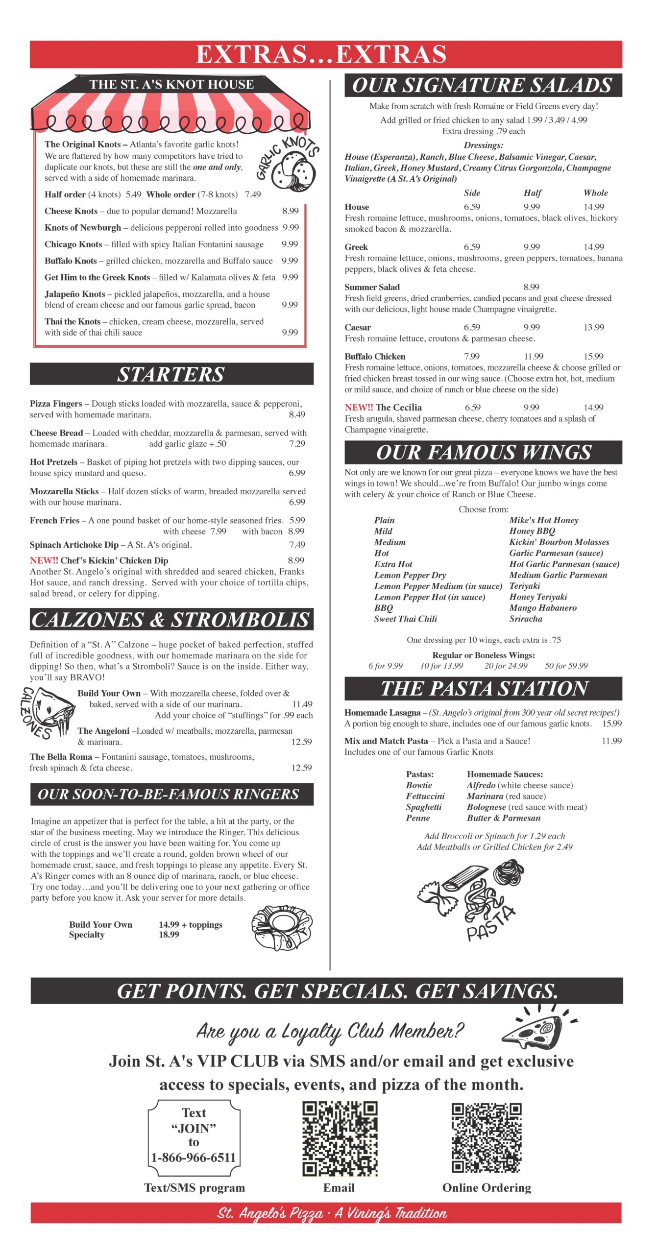 Page 2 of St. Angelo's Pizza menu for Fall/Winter 2024 featuring extras, signature salads, starters, calzones, strombolis, wings, pasta options, and loyalty club information. Includes items like garlic knots, specialty wings, chef’s chicken dip, salads, pasta dishes, and build-your-own pizza or calzones, with pricing and details. QR codes for joining the loyalty club via SMS, email, and online ordering are also included.